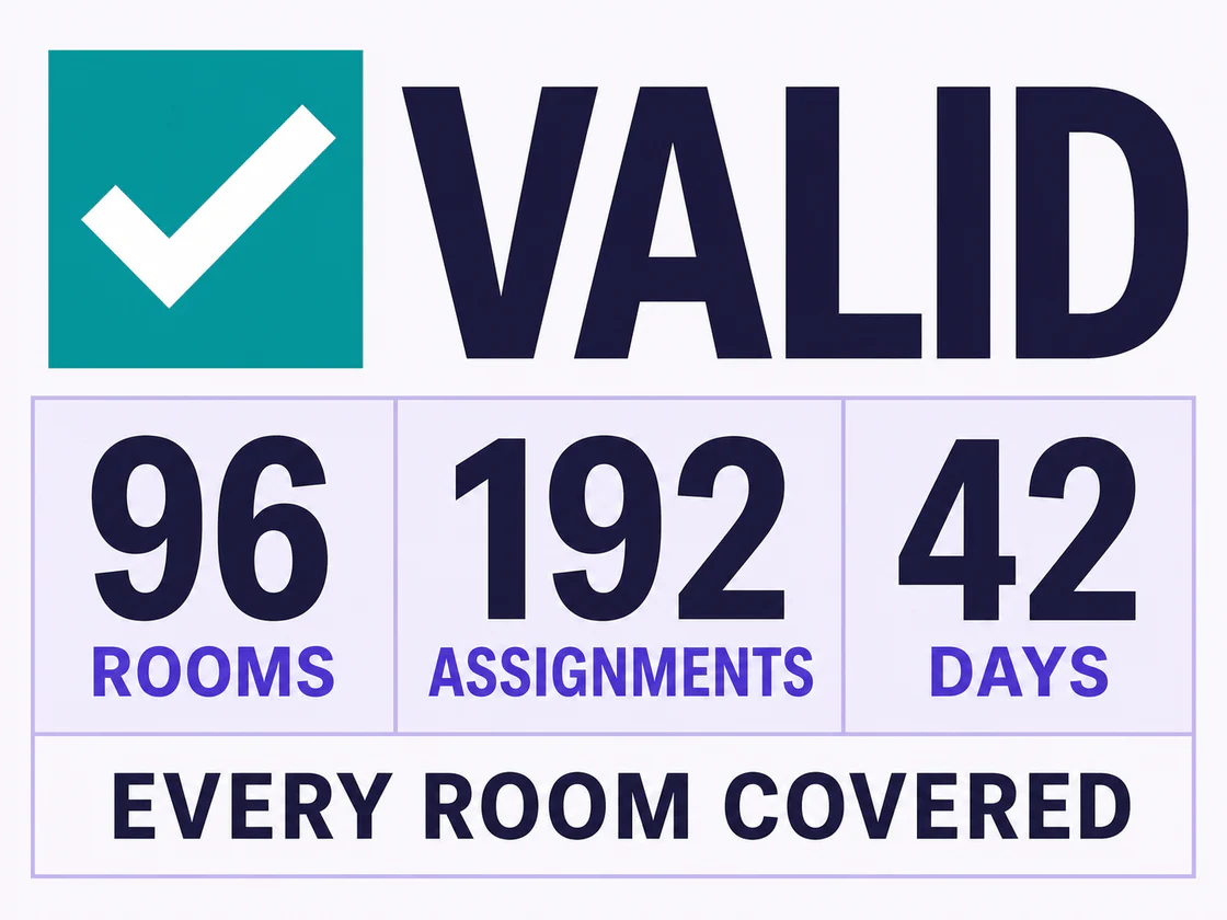 Valid plan summary showing 96 rooms, 192 assignments, 42 days, and every room covered.